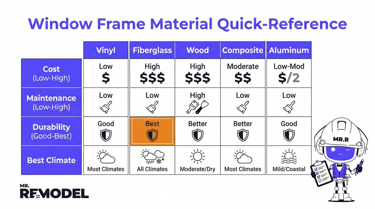 A comparison matrix infographic summarizing the cost, maintenance, durability, and best climate use cases for five types of window frames.